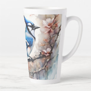 Blue Jay Cherry Blossoms watercolor Latte Mug