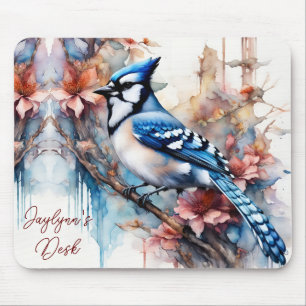 Blue Jay Cherry Blossoms watercolor *Personalize* Mouse Pad