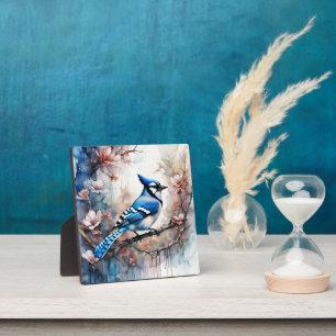 Blue Jay Cherry Blossoms watercolor Plaque