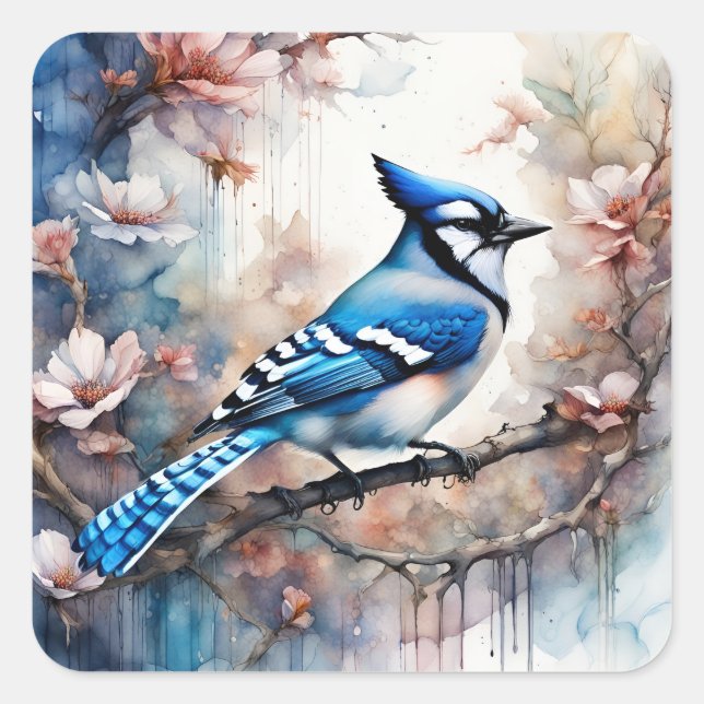 Blue Jay Cherry Blossoms watercolor Square Sticker (Front)