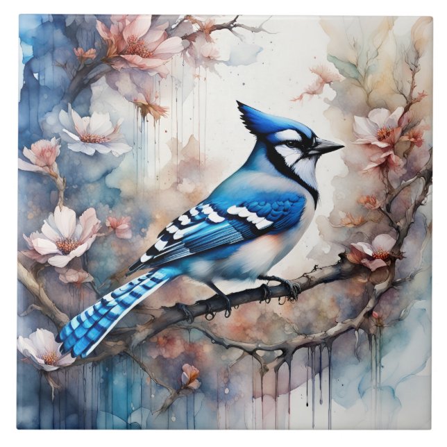 Blue Jay Cherry Blossoms watercolor Tile (Front)
