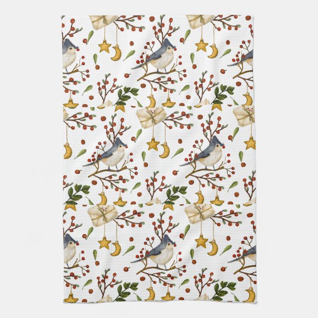 Blue Jay, Cookies, Red Berries,  Presents, Winter Kitchen Towel (Vertical)