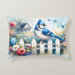 Blue Jay Cottage Garden Fence Scene Accent Pillow