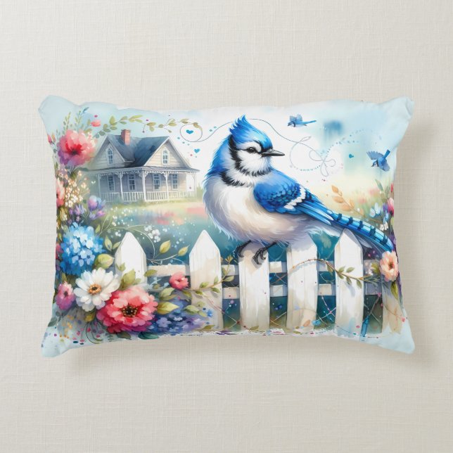 Blue Jay Cottage Garden Fence Scene Accent Pillow (Front)