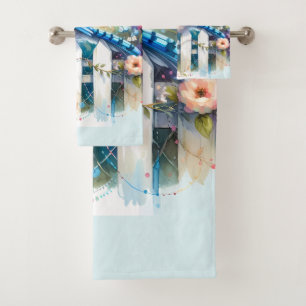 Blue Jay Cottage Garden Fence Scene Bath Towel Set