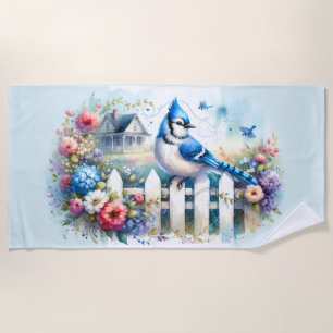 Blue Jay Cottage Garden Fence Scene Beach Towel