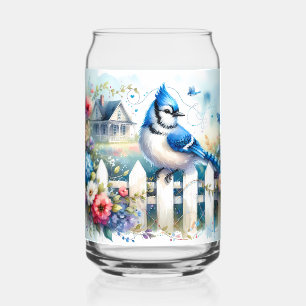 Blue Jay Cottage Garden Fence Scene Can Glass
