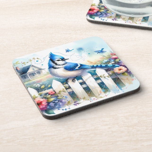 Blue Jay Cottage Garden Fence Scene Coaster (Left Side)