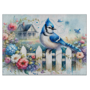 Blue Jay Cottage Garden Fence Scene Cutting Board