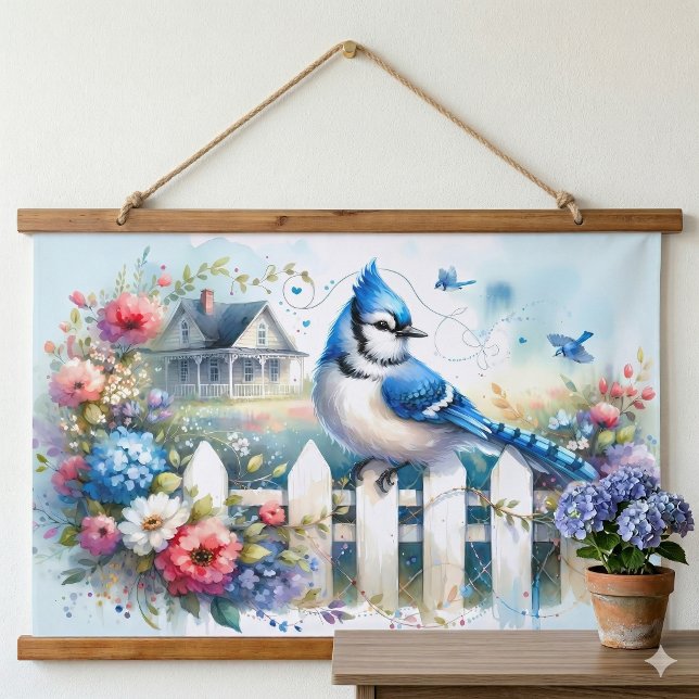 Blue Jay Cottage Garden Fence Scene Hanging Tapestry (Blue Jay Cottage Garden Fence Scene Hanging Tapestry On Entry Wall)