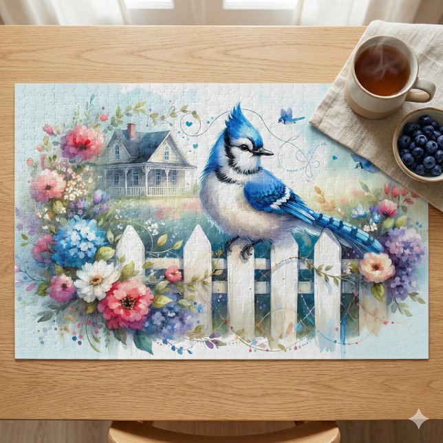 Blue Jay Cottage Garden Fence Scene Jigsaw Puzzle (Blue Jay Cottage Garden Fence Scene Jigsaw Puzzle Mockup 1)