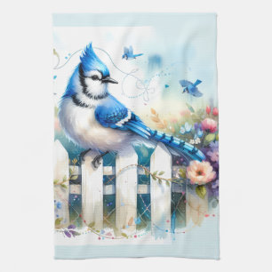 Blue Jay Cottage Garden Fence Scene Kitchen Towel