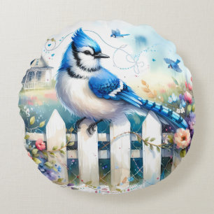 Blue Jay Cottage Garden Fence Scene Round Pillow