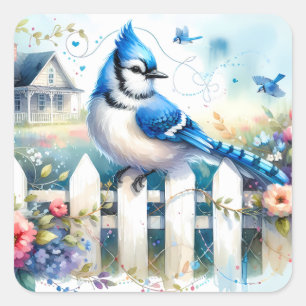 Blue Jay Cottage Garden Fence Scene Square Sticker
