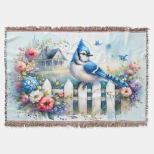 Blue Jay Cottage Garden Fence Scene Throw Blanket