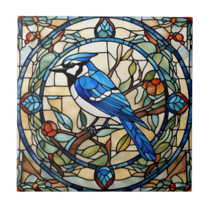 Blue Jay Faux Stained Glass Bluejay Bird Tile