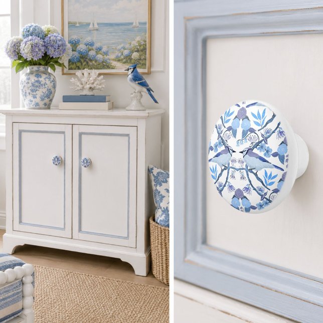 Blue Jay Hydrangea Botanical Decorative  Ceramic Knob (Creator Uploaded)