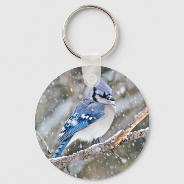 Blue Jay in a Snowstorm Keychain (Front)