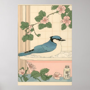 Blue Jay in Bathtub Print Japanese Bathroom Art