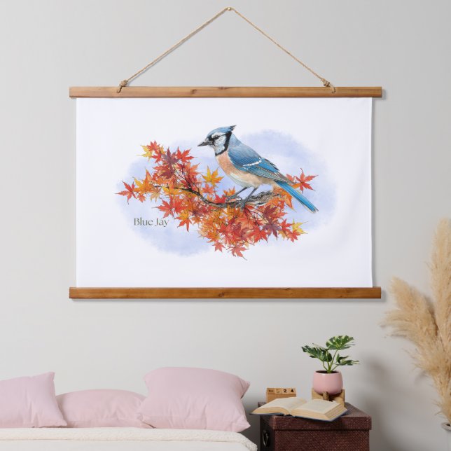 Blue Jay in Fall Colors Hanging Tapestry (Bedroom)