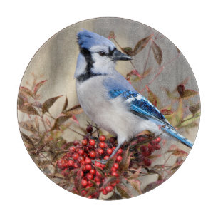Blue Jay in Nandina Heavenly Bamboo Cutting Board