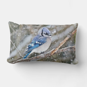 Blue Jay in Snowstorm Lumbar Pillow