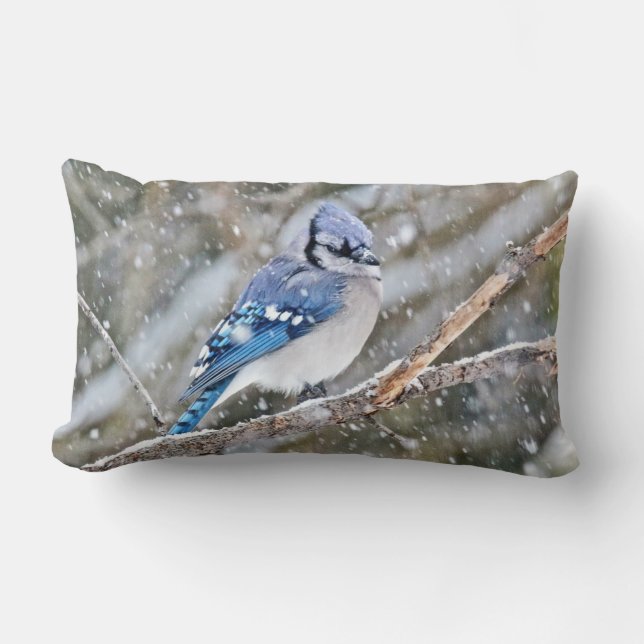 Blue Jay in Snowstorm Lumbar Pillow (Front)