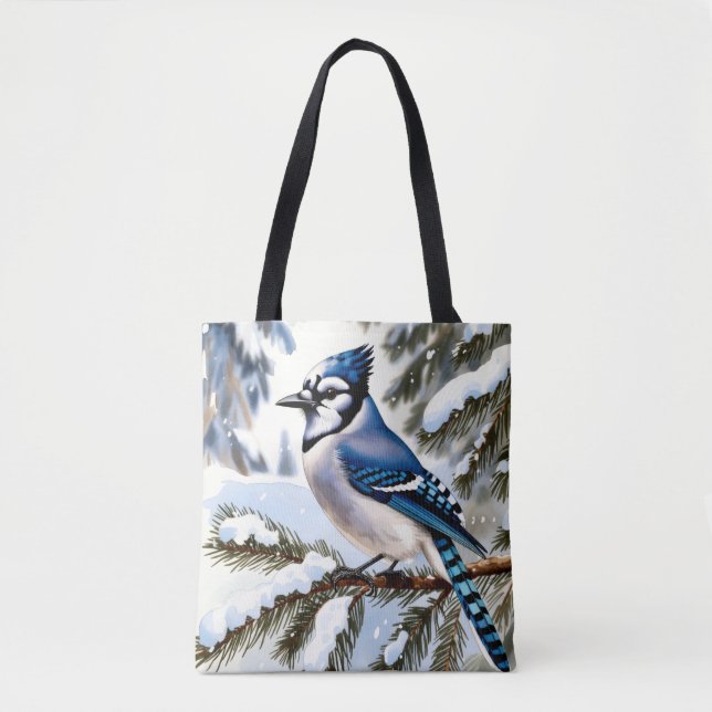 Blue Jay in Snowy Pines Watercolor Winter Tote Bag (Front)