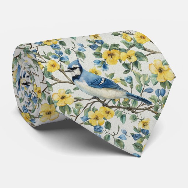 Blue Jay In Yellow Blossoms Tie (Rolled)