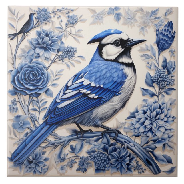 Blue Jay Inspired Bird with Blue Blossoms Tile (Front)