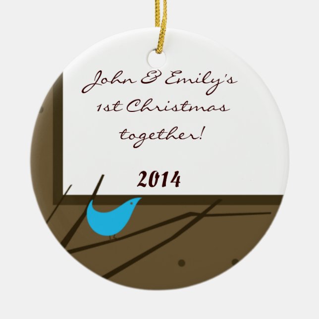 Blue Jay Love Bird Twig Personalized Name Ornament (Front)