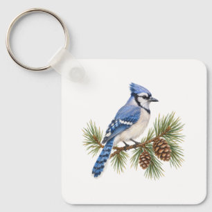 Blue Jay on a Pine Branch Keychain