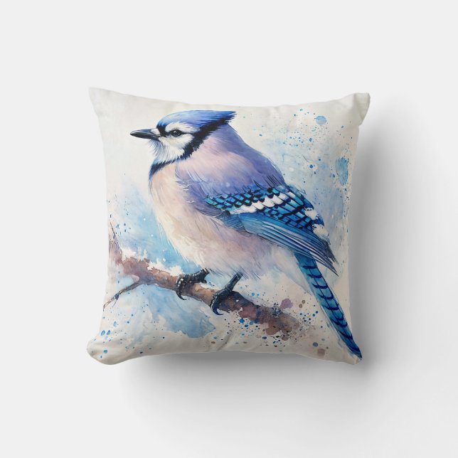 Blue Jay On Branch Art Throw Pillow (Front)