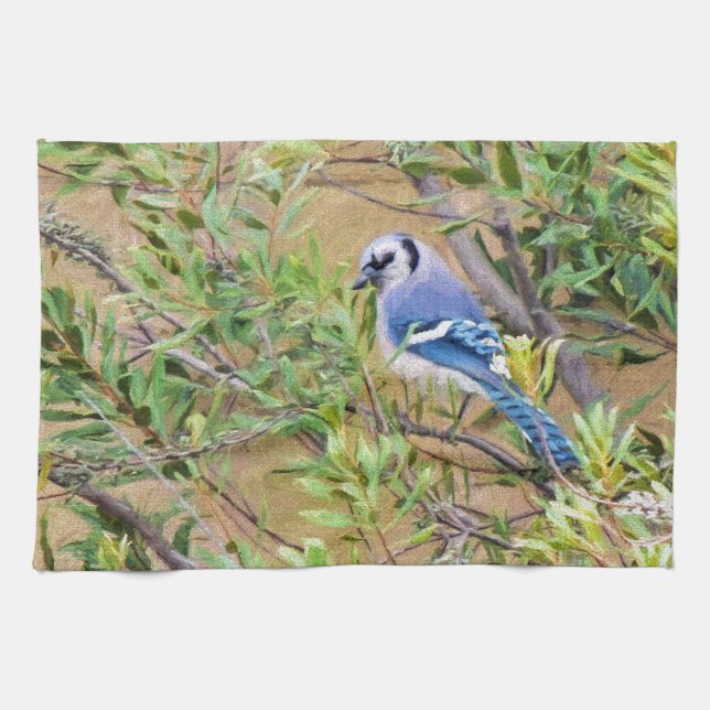 Blue Jay on Southern Wax Myrtle Kitchen Towel (Horizontal)