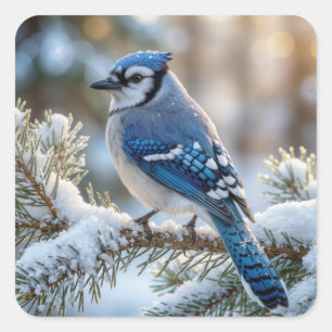 Blue Jay Perched On a Snowy Pine Square Sticker