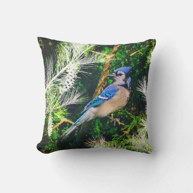 Blue Jay Pin Branches Stylisé Bird Coussin extérie (Recto)