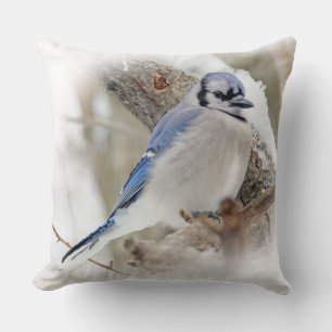 Blue Jay Songbird in Snow Throw Pillow