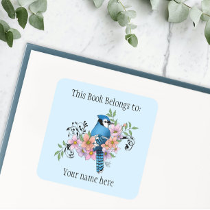 Blue Jay Spring Flowers Bookplate Square Sticker