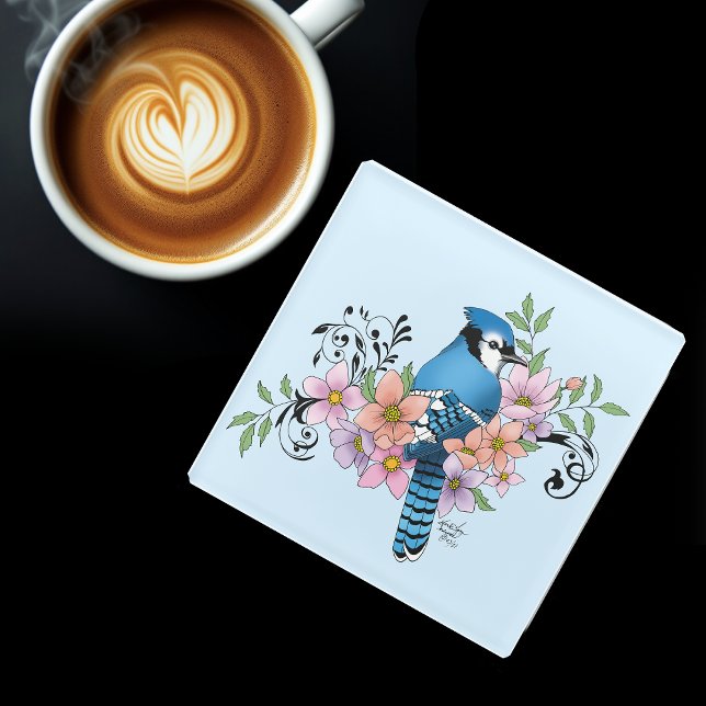 Blue Jay Spring Flowers Glass Coaster (Creator Uploaded)