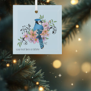 Blue Jay Spring Flowers Glass Ornament