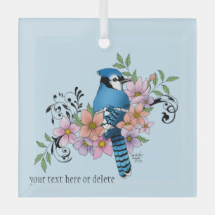 Blue Jay Spring Flowers Glass Ornament