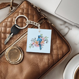 Blue Jay Spring Flowers Keychain