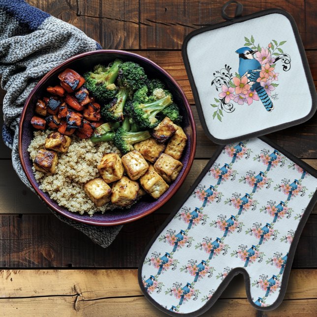 Blue Jay Spring Flowers Oven Mitt & Pot Holder Set (Creator Uploaded)