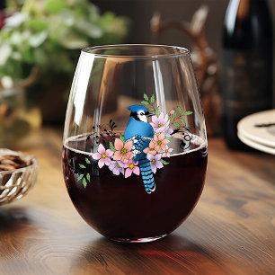 Blue Jay Spring Flowers Stemless Wine Glass
