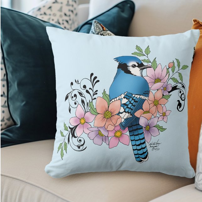 Blue Jay Spring Flowers Throw Pillow (Creator Uploaded)