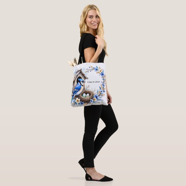 Blue Jay Tote on Birdhouse - Floral Illustration  Bag (On Model)