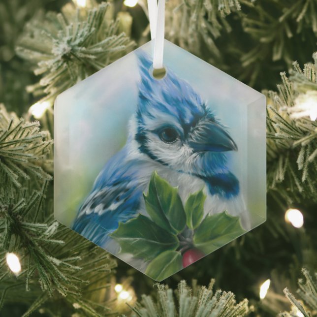 Blue Jay with Holly Pastel Art Glass Ornament (Insitu)