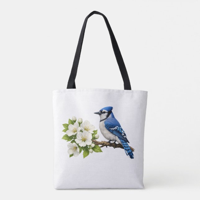 Blue Jay with White Blossoms Tote Bag (Back)