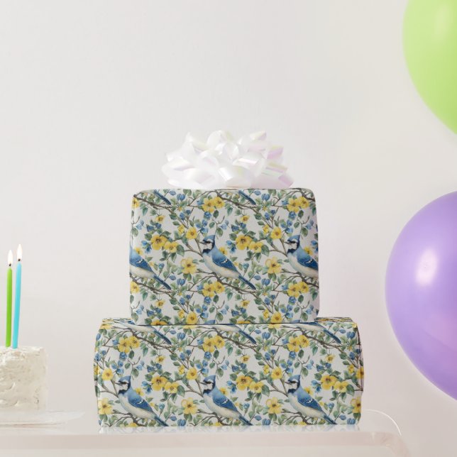 Blue Jays Bird Branches and Blossoms Wrapping Paper (Party Gifts)
