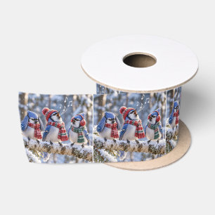 Blue Jays on a Winter Tree Branch Satin Ribbon